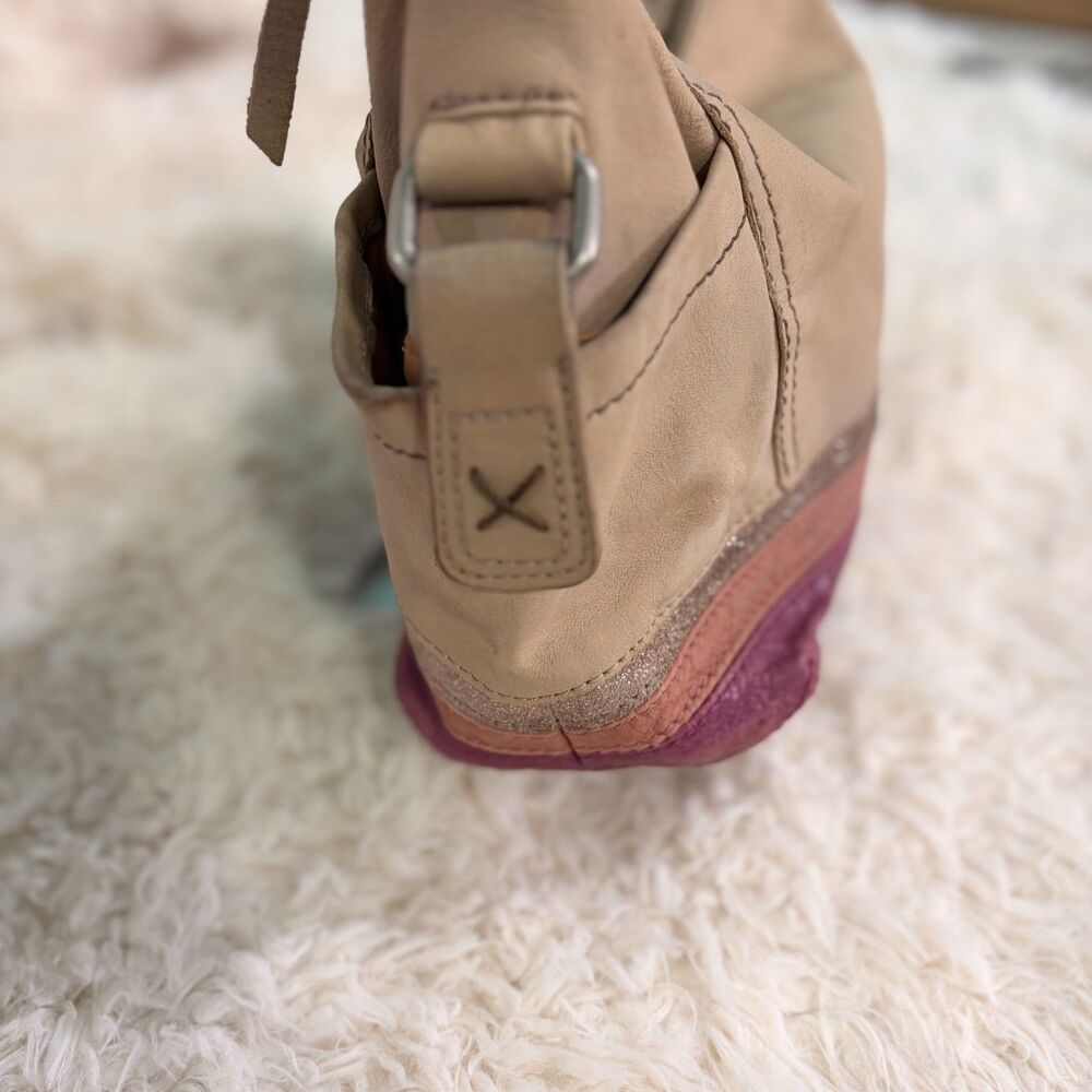 The Sak Leather Shoulder Bag Beige Purple Suede Bottom Stripe Hobo Purse Vintage - Picture 3 of 14